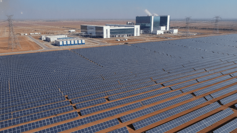 An aerial shot shows a vast solar farm in the foreground, with power lines connecting it to a modern industrial complex.