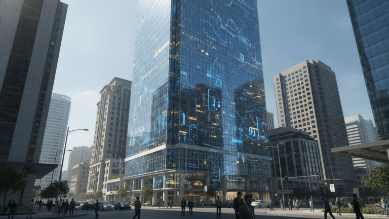 A modern glass skyscraper with integrated abstract financial data patterns, surrounded by other buildings and pedestrians.