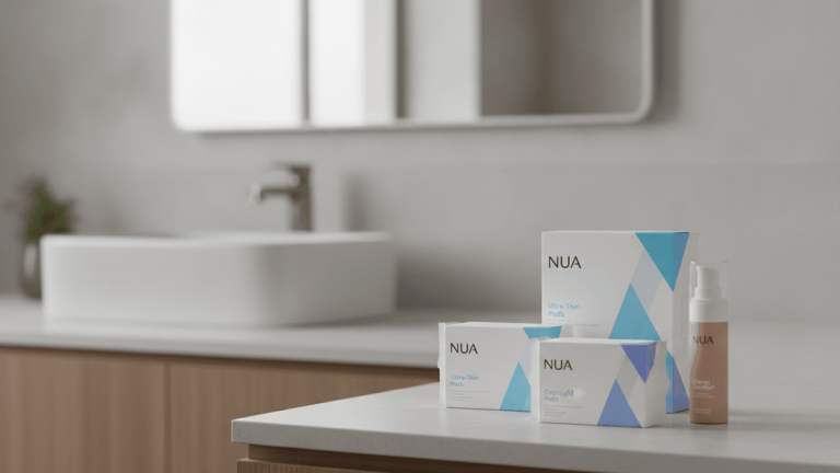 Nua sanitary pads and cramp relief solution in packaging, arranged on a minimalist surface in a modern bathroom.