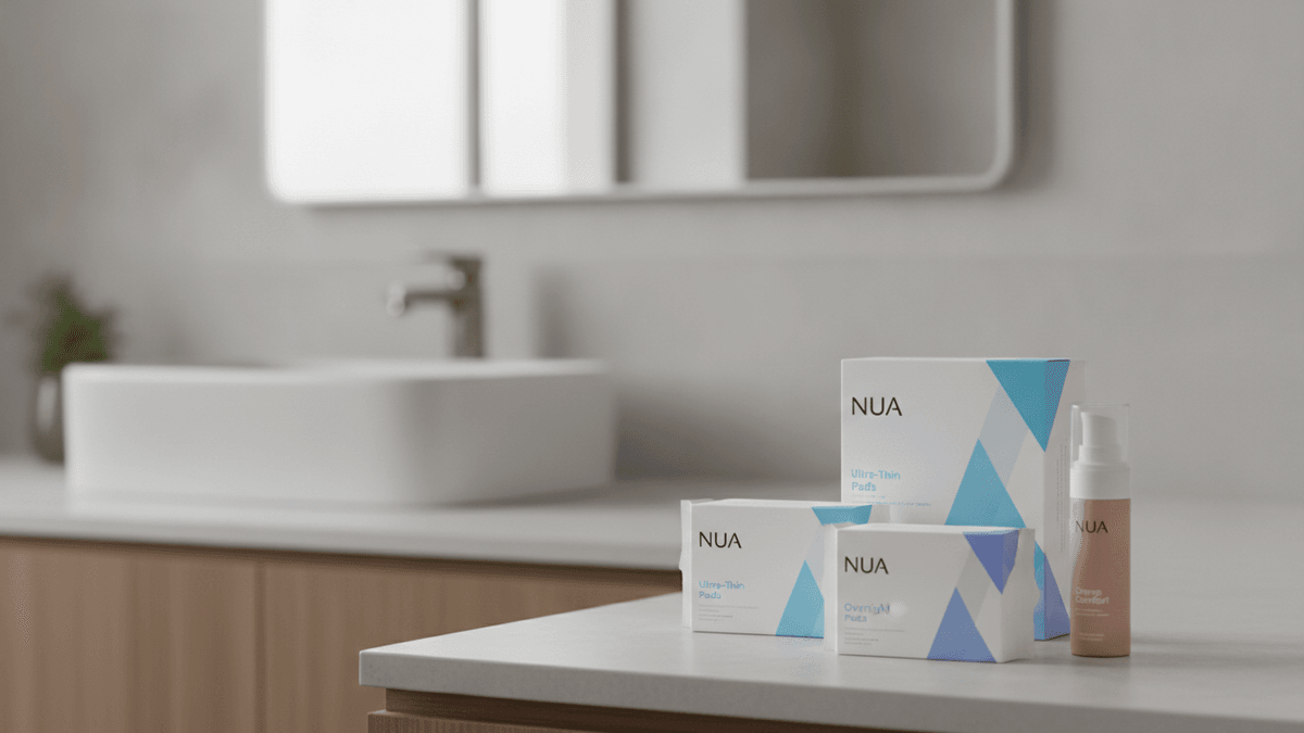 Nua sanitary pads and cramp relief solution in packaging, arranged on a minimalist surface in a modern bathroom.