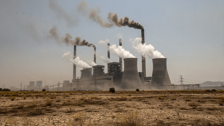 A wide shot of a coal-fired power plant with multiple smokestacks emitting dark plumes and cooling towers releasing steam.