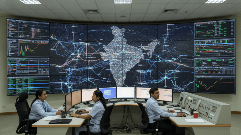 Three operators in a control room, facing large screens displaying a map of India's electricity grid and data visualizations.