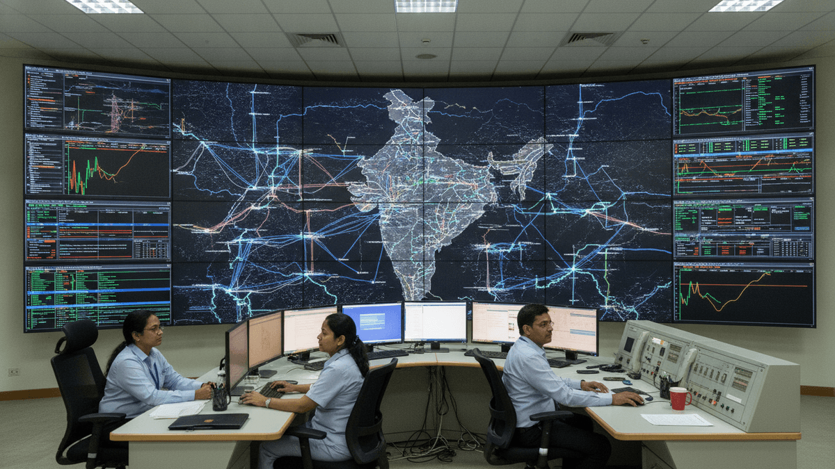 Three operators in a control room, facing large screens displaying a map of India's electricity grid and data visualizations.