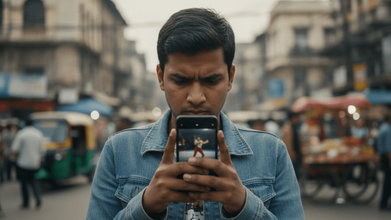 A young person in a denim jacket holds a smartphone vertically, watching content with a focused expression on a bustling street.