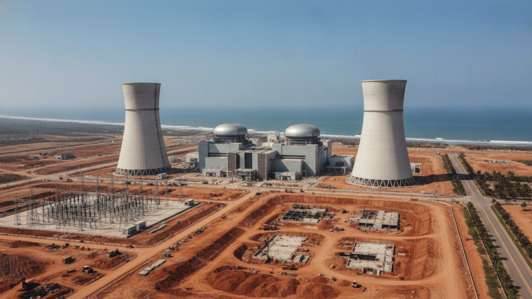 A wide shot of a large, modern nuclear power plant with two cooling towers and containment domes by the coast.