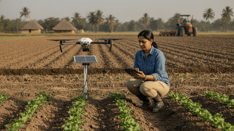 A woman crouches in a field, looking at a tablet. A drone hovers nearby, connected to a solar panel.