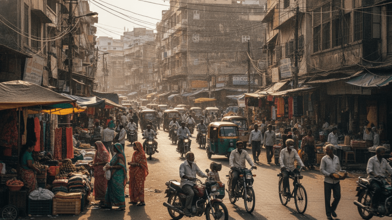 A wide shot of a bustling Indian street with people, vehicles, street vendors, and shops under natural daylight.