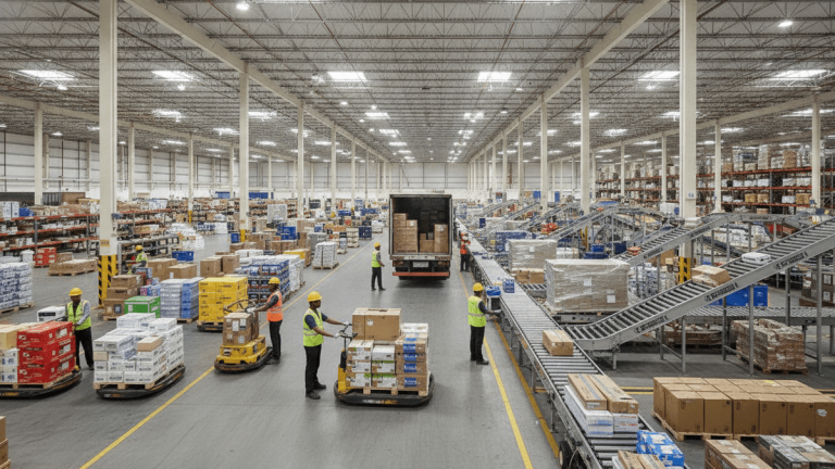 A busy industrial warehouse with workers, goods, conveyor belts, and a truck at a loading bay.