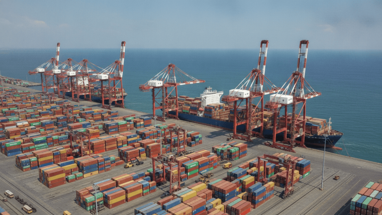 An aerial view of a port with a large container ship being loaded by gantry cranes, and numerous stacked containers.