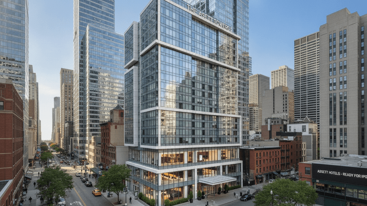 A modern glass hotel building in a city, with cars on the street and other tall buildings in the background under clear skies.