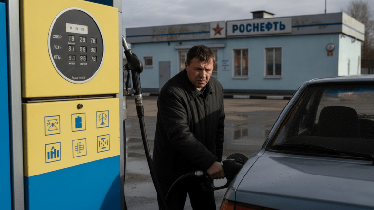 A person pumps gas into a car at an older fuel pump in Russia, under an overcast sky.