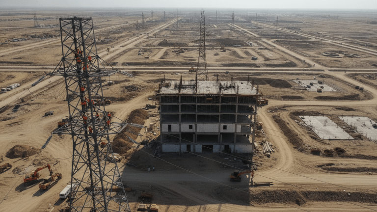 An aerial shot of a vast construction site in an arid landscape, with workers and heavy machinery active near a power tower.