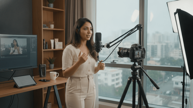 A young woman speaks into a microphone, with a camera on a tripod capturing her, in a contemporary studio.