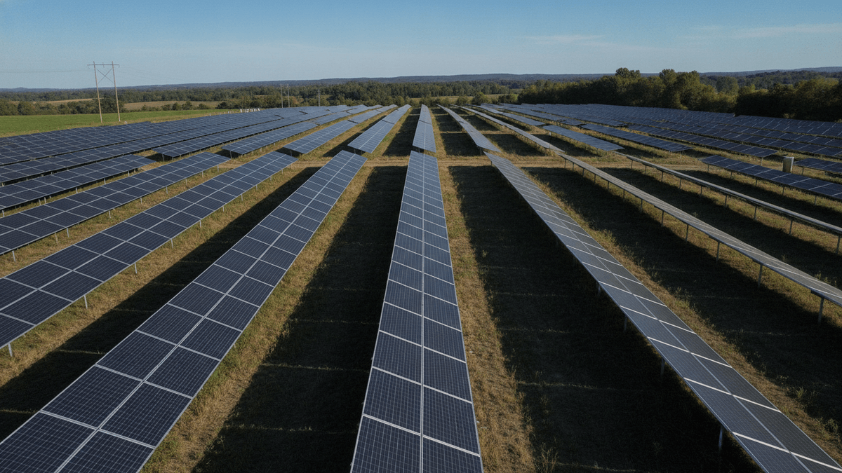 Rows of solar panels stretch across a field under a clear blue sky, with rolling hills in the background.