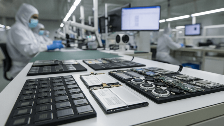 Close-up of iPhone chips, batteries, and camera modules on a white workbench in a manufacturing facility.