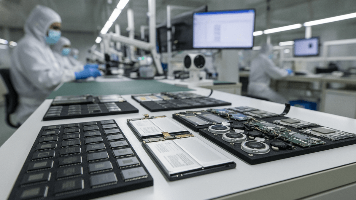 Close-up of iPhone chips, batteries, and camera modules on a white workbench in a manufacturing facility.