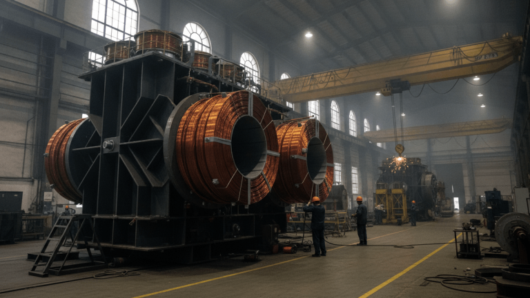 A large, partially assembled power transformer on a factory floor with workers and industrial equipment.