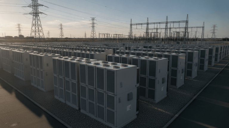 A wide shot of an industrial battery storage system at sunset, with rows of modular battery units and power lines in the background.