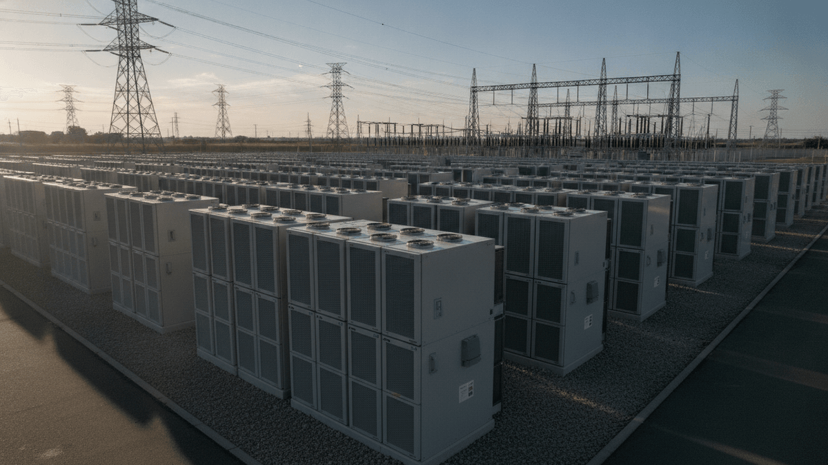 A wide shot of an industrial battery storage system at sunset, with rows of modular battery units and power lines in the background.