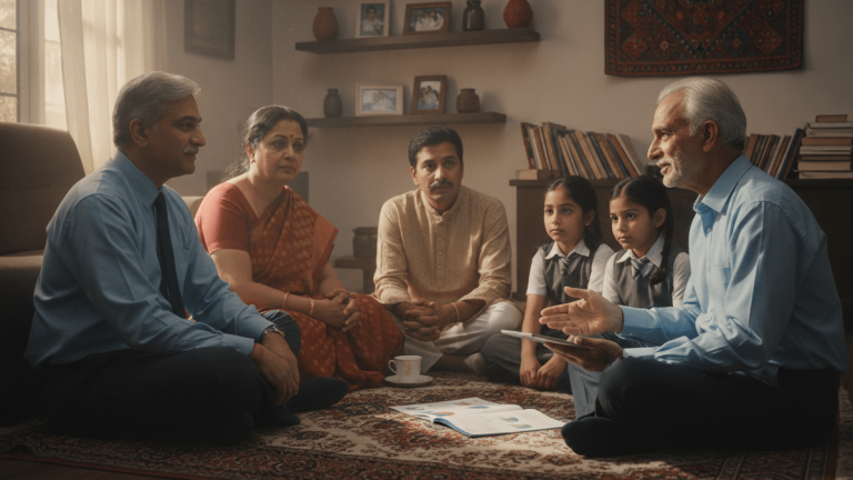 A multi-generational Indian family sits on a rug, listening to an older man explain financial documents on a tablet.