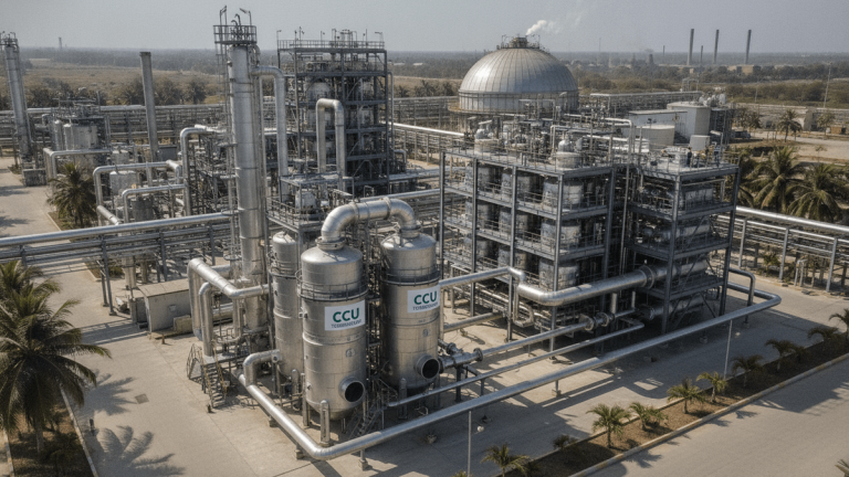 Aerial view of an industrial chemical plant in India with CCU technology, pipes, and vats under clear daylight.