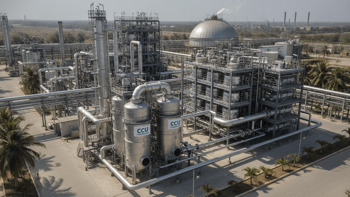 Aerial view of an industrial chemical plant in India with CCU technology, pipes, and vats under clear daylight.
