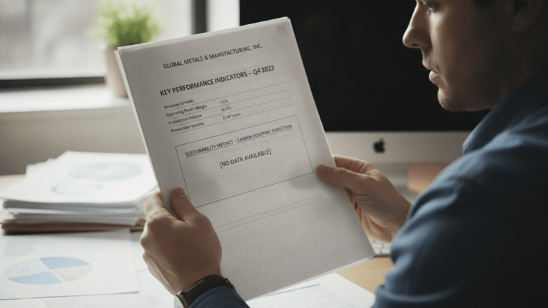 A person holds a financial report for "GLOBAL METALS & MANUFACTURING, INC." The sustainability metrics section reads "[NO DATA AVAILABLE]".