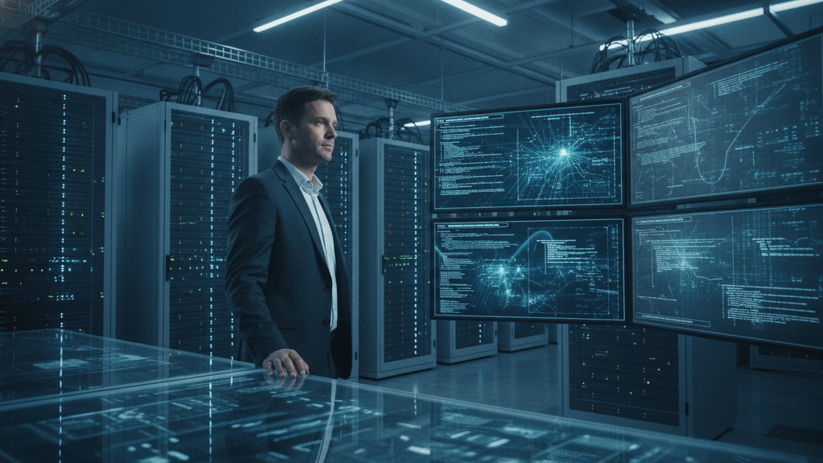 A man in a suit stands in a server room, observing multiple screens displaying data and digital patterns.