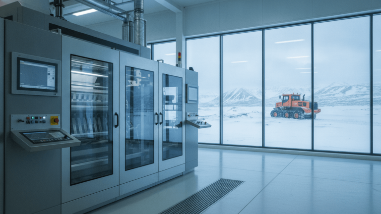 An advanced industrial machine in a clean, modern facility, with a large window revealing a tracked vehicle in a snowy, mountainous landscape.