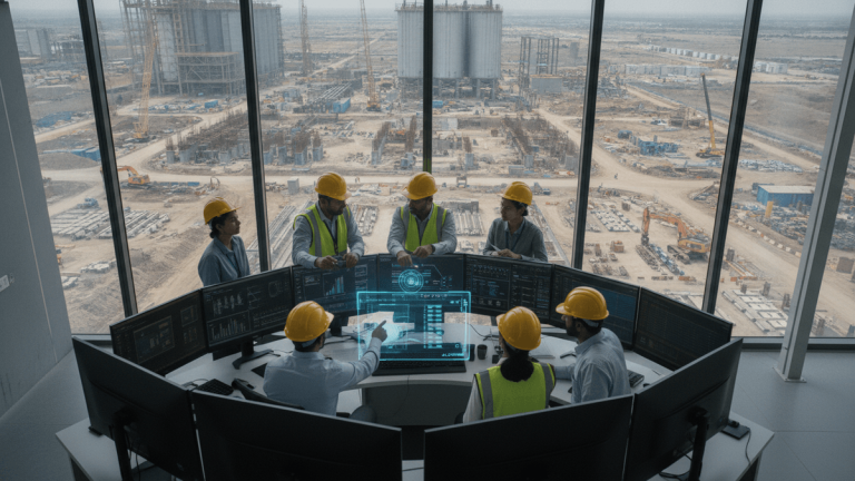 A team of engineers in a control room overlooking a large industrial construction site, reviewing data on digital screens.