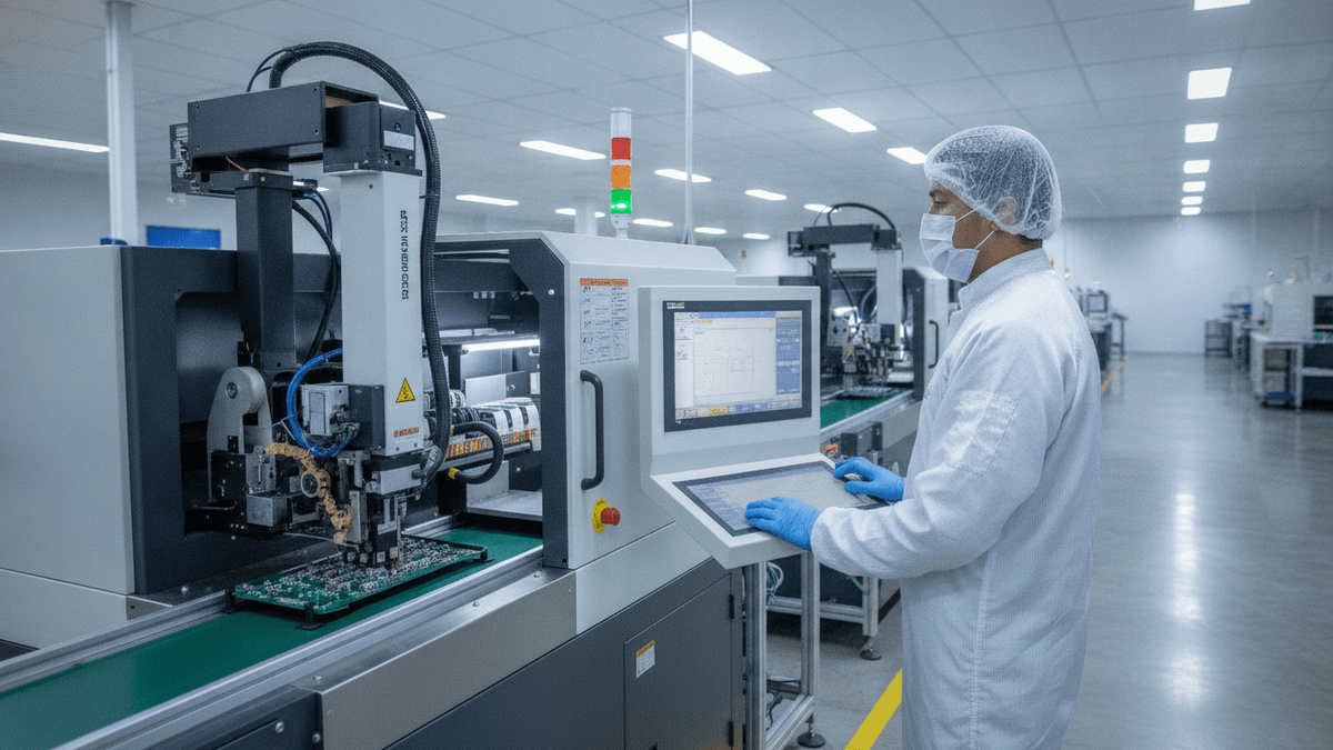A technician in cleanroom attire monitors an SMT pick-and-place machine actively assembling components on a circuit board.