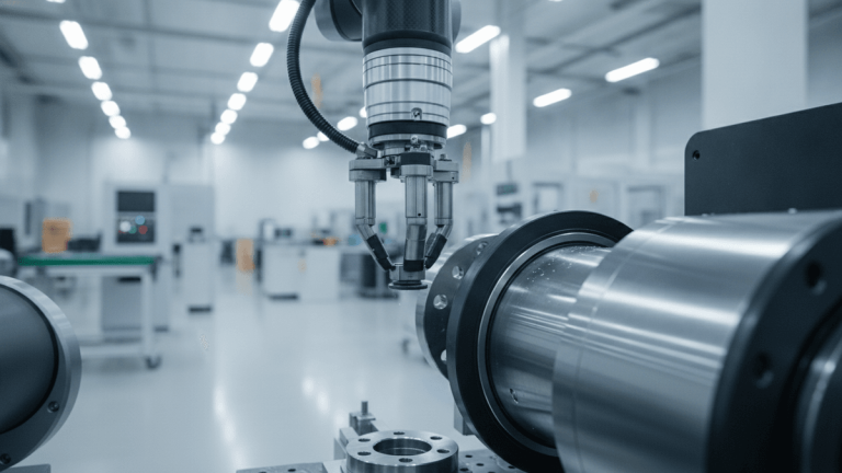 A robotic arm with metallic flanges and seals is integrating components into a CNC machine in a bright factory.