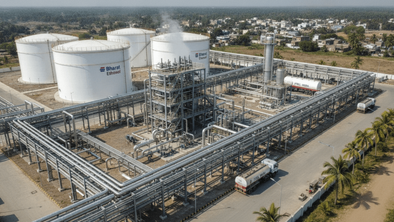An aerial, medium-wide shot of a large ethanol blending facility with tanks, pipelines, and trucks in an Indian industrial complex.