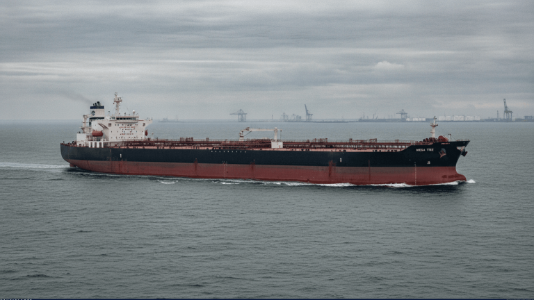A large oil tanker with a black hull and red bottom navigating open water under an overcast sky.