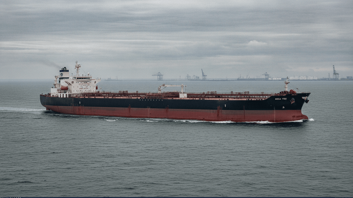 A large oil tanker with a black hull and red bottom navigating open water under an overcast sky.