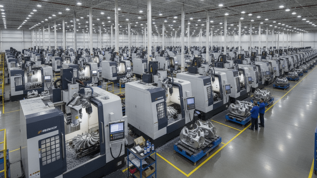 A wide shot of a large factory floor filled with rows of CNC machines, some actively processing metal aerospace components.