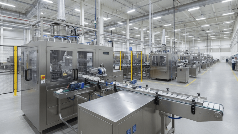 A wide shot of a brightly lit industrial processing plant with large-scale stainless steel machinery in operation.