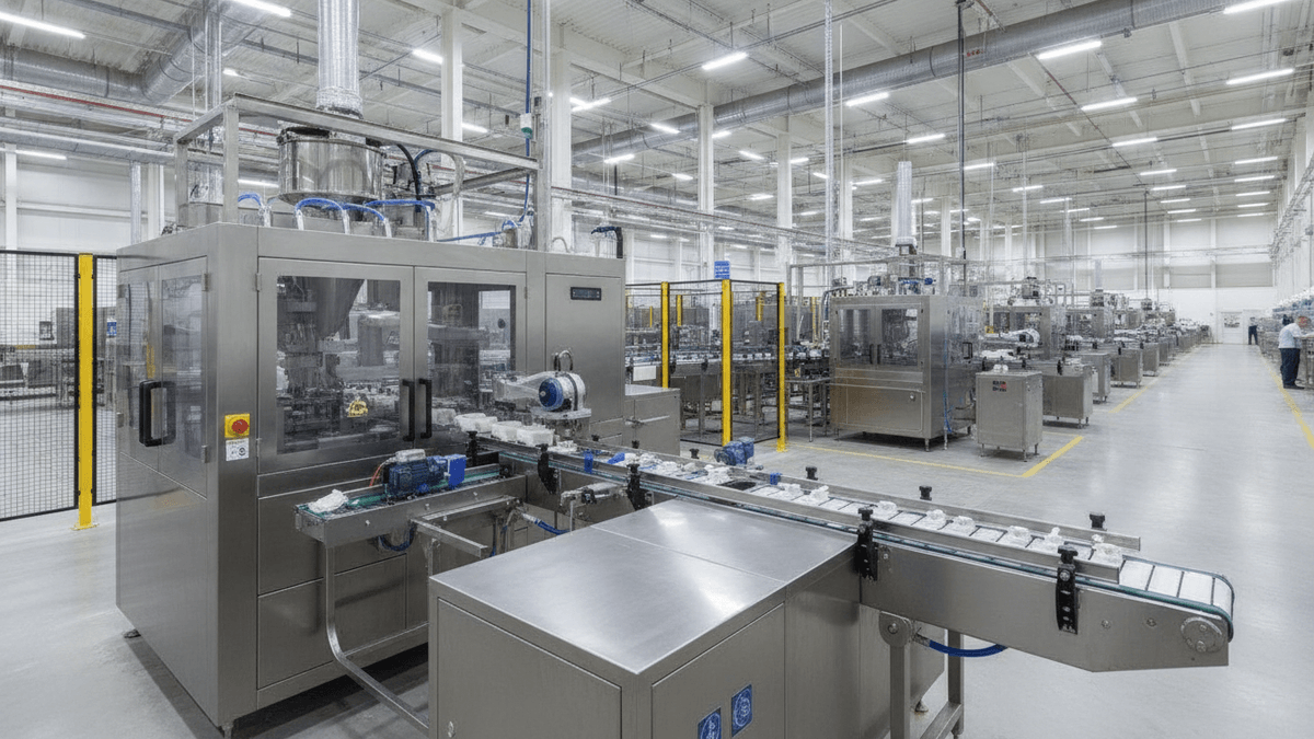 A wide shot of a brightly lit industrial processing plant with large-scale stainless steel machinery in operation.