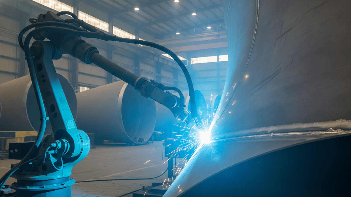 An automated welding arm emits a bright blue-white plasma arc onto a large, curved metal section of a wind tower component.