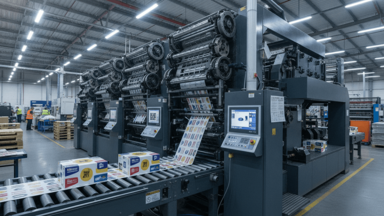 A large, modern sheetfed offset printing press in an industrial factory setting, with packaging materials emerging from it.