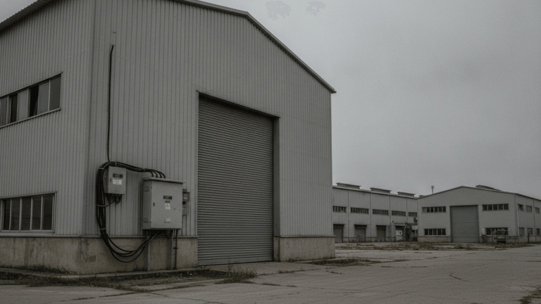 Exterior of a quiet factory unit with a closed loading bay and visible electricity meter box on an overcast day.