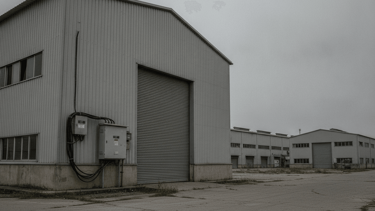 Exterior of a quiet factory unit with a closed loading bay and visible electricity meter box on an overcast day.