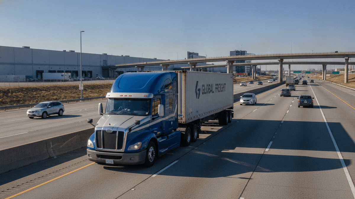 A blue and silver semi-truck with a 'GLOBAL FREIGHT' trailer moves on a highway with other vehicles and industrial buildings.