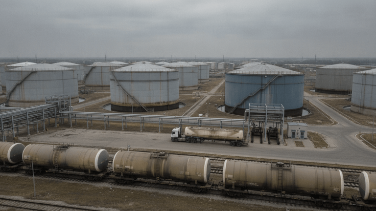 An aerial view of a large fuel depot with numerous cylindrical storage tanks, a tanker truck, and train cars.