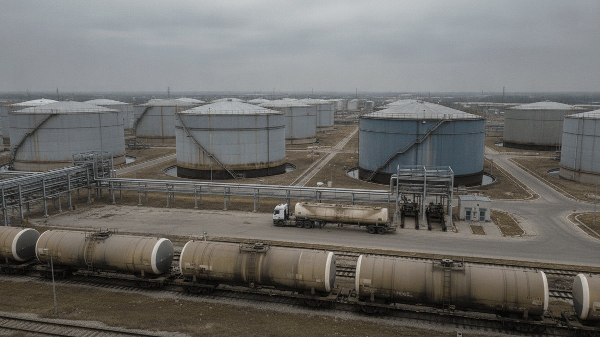 An aerial view of a large fuel depot with numerous cylindrical storage tanks, a tanker truck, and train cars.