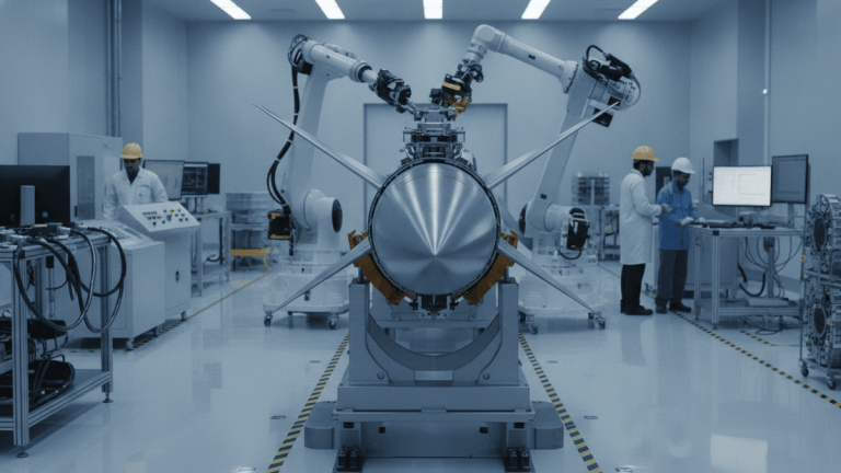 An air-to-air missile on a jig in a bright, modern factory. Robotic arms and technicians work around it.
