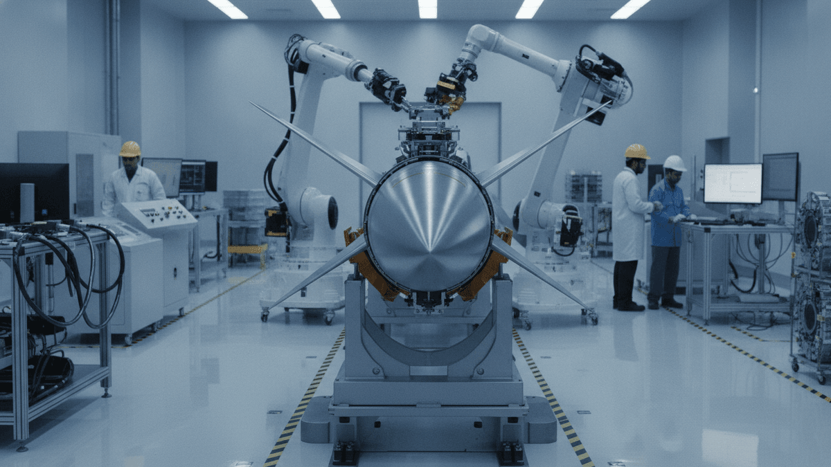 An air-to-air missile on a jig in a bright, modern factory. Robotic arms and technicians work around it.