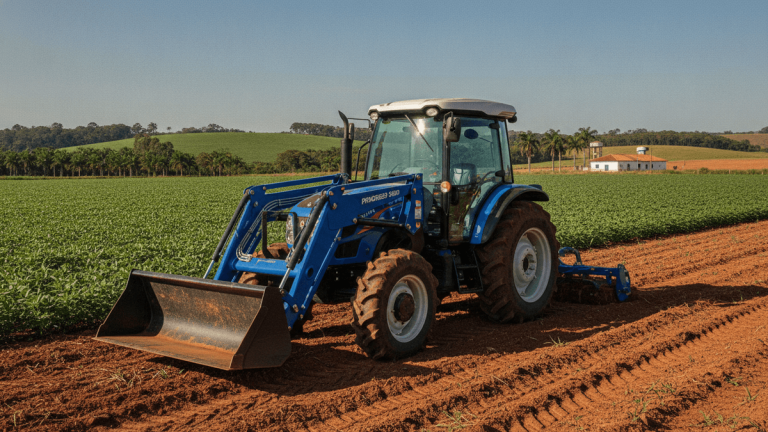 A blue agricultural tractor with a front loader and farm implement in a sunlit field with crops and rolling hills.