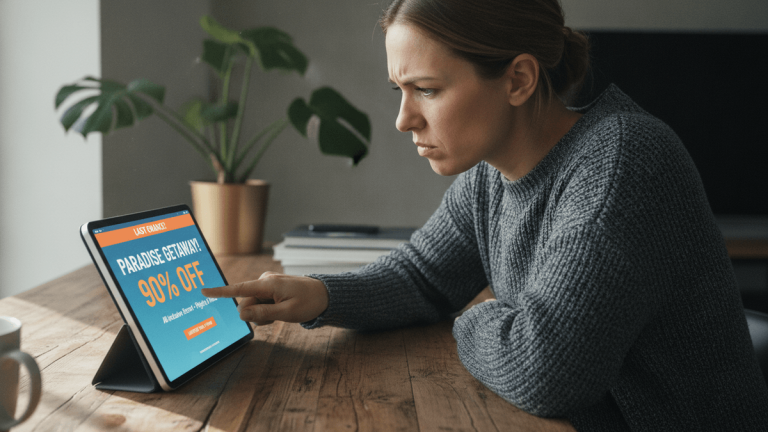 A woman in a grey sweater looks skeptically at a tablet displaying a "90% off" travel deal.
