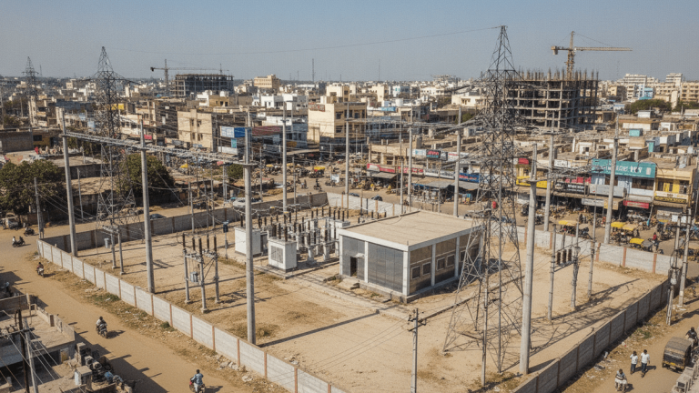 An aerial view of an electrical substation and power lines in a bustling Indian city with ongoing construction and visible urban development.
